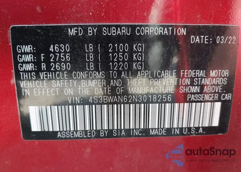2022 Subaru Legacy Limited from USA, damaged, VIN 4S3BWAN62N3018256